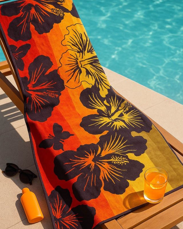 Plážová osuška KVĚTY, červeno-žlutá, froté, 90x170cm