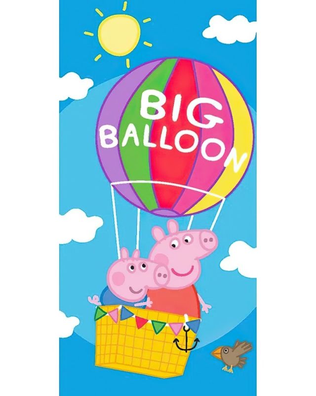 Dětská plážová osuška PRASÁTKO PEPINA (PEPPA) A TOMÍK V BALÓNU, modrá, froté, 70x140cm