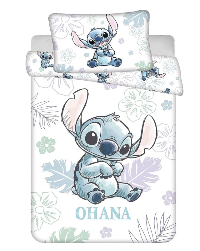 Dětské povlečení do postýlky LILO AND STITCH OHANA WHITE BABY, bílé, bavlna hladká, 100x135cm + 40x60cm