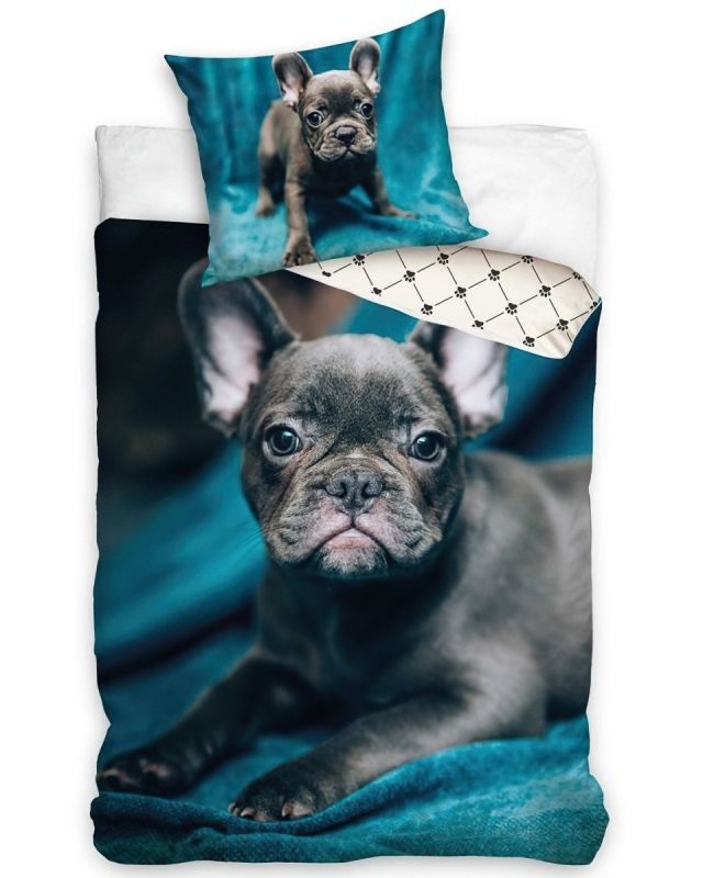 Dětské povlečení FRANCOUZSKÝ BULDOČEK, fototisk, tmavá tyrkysová, bavlna hladká, 140x200cm + 70x90cm 
