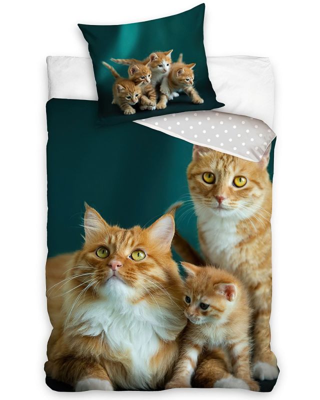 Dětské povlečení KOČIČÍ RODINKA, fototisk, smaragdově zelené, bavlna hladká, 140x200cm + 70x90cm 