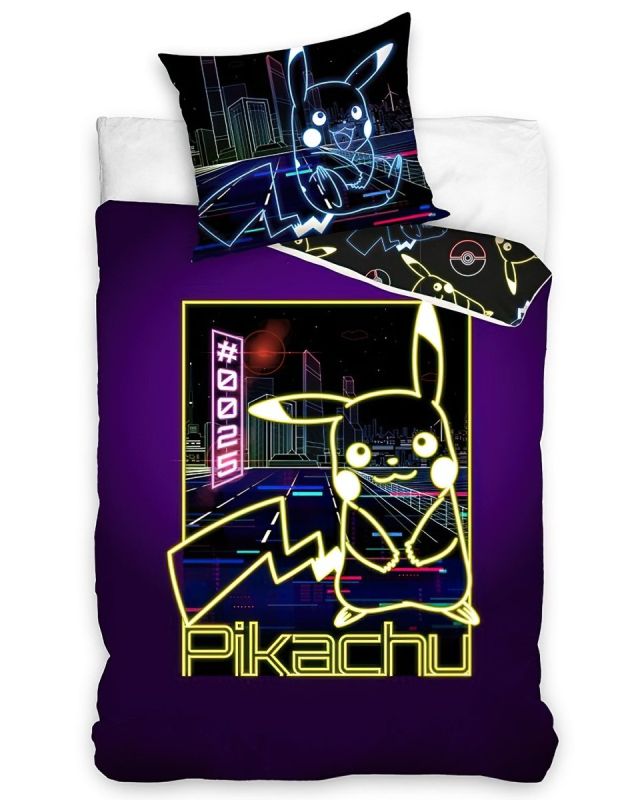 Dětské povlečení POKÉMON PIKACHU NEONOVÁ SHOW SVÍTÍCÍ EFEKT, tmavě fialové, bavlna hladká, 140x200cm + 70x90cm 