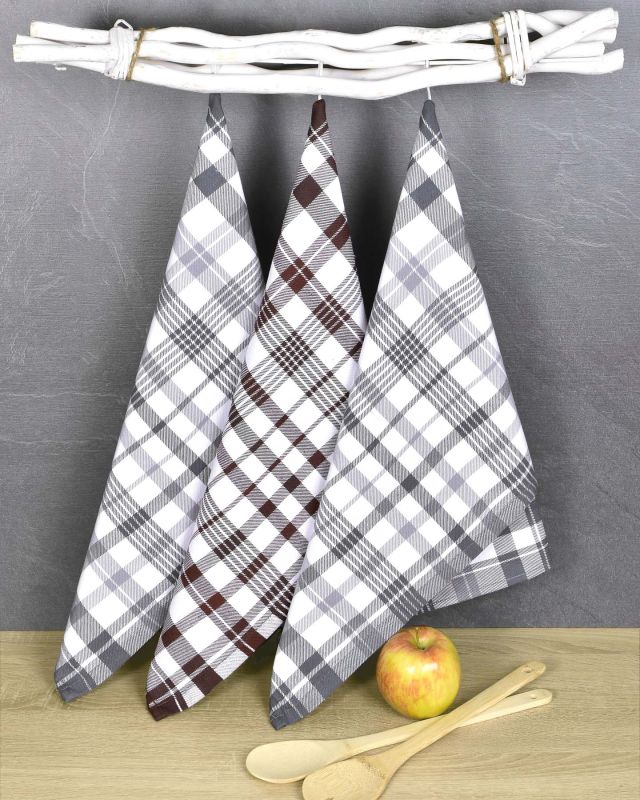 Kuchyňské utěrky EGYPTSKÁ BAVLNA BELLA GREY MIX, šedé a hnědé a  káro, 3 kusy, 50x70cm