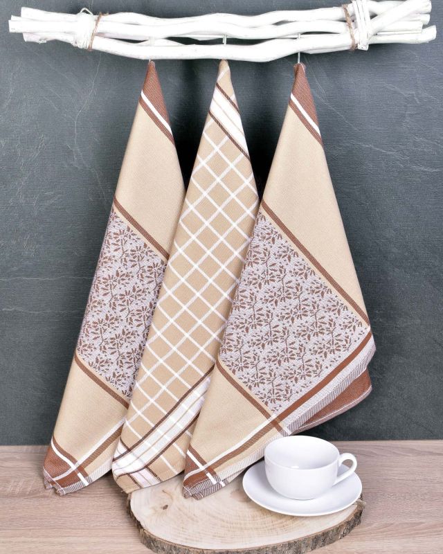 Kuchyňské utěrky EGYPTSKÁ BAVLNA DORO BEIGE MIX, béžové ornamenty v proužku a kostka, 3 kusy, 50x70cm