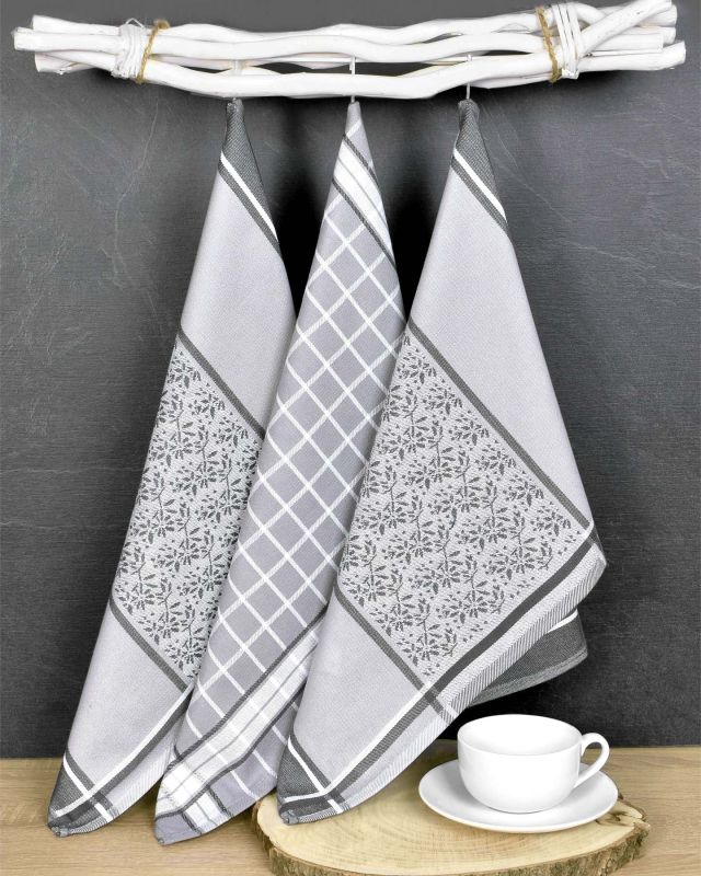 Kuchyňské utěrky EGYPTSKÁ BAVLNA DORO GREY MIX, šedé ornamenty v proužku a kostka, 3 kusy, 50x70cm