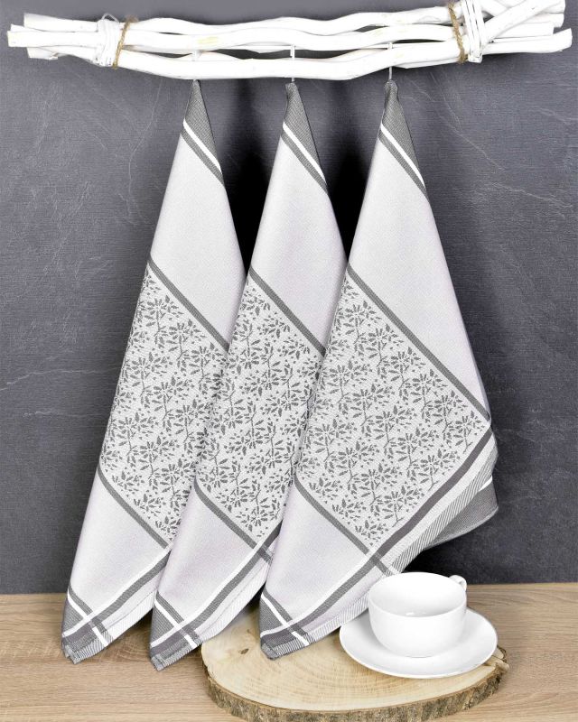 Kuchyňské utěrky EGYPTSKÁ BAVLNA DORO GREY, šedé ornamenty v proužku, 3 kusy, 50x70cm