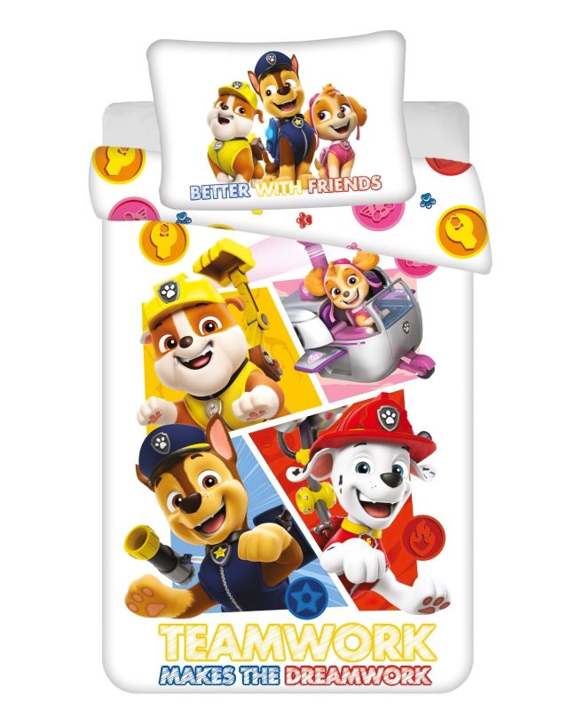 Dětské povlečení do postýlky TLAPKOVÁ PATROLA PAW PATROL 498, bílé, bavlna hladká, 100x135cm + 40x60cm 