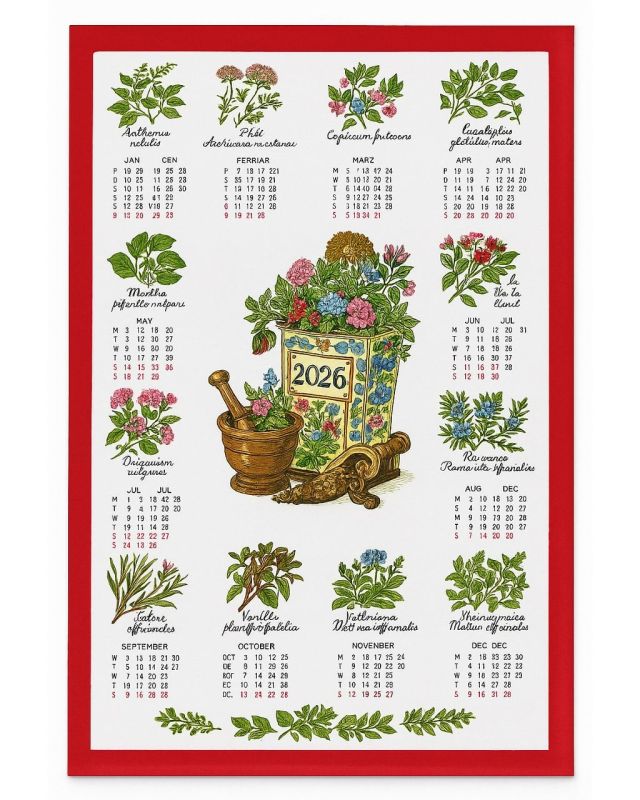 Textilní kalendář, utěrka BYLINKY 2026, červený, 45x65cm, bez hůlky