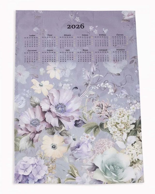 Textilní kalendář, utěrka CALIMERA 2026, květinový vzor, fialový, 50x70cm, bez hůlky