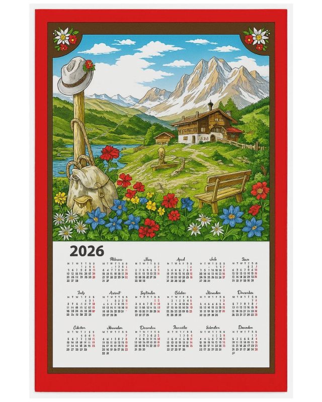 Textilní kalendář, utěrka HORAL 2026, červený, 45x65cm, bez hůlky