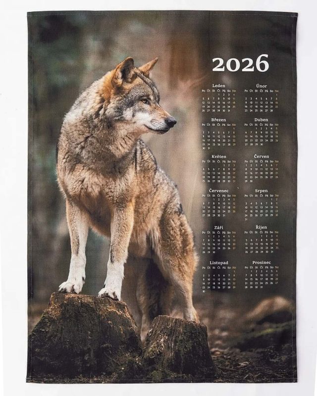 Textilní kalendář, utěrka VLK 2026, hnědo-zelený, 50x70cm, bez hůlky