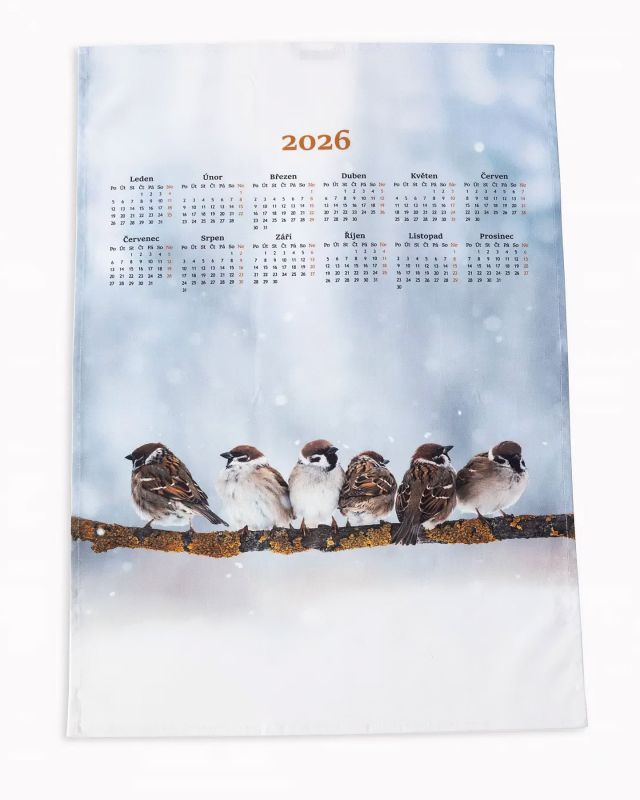 Textilní kalendář, utěrka VRABČÁCI 2026, světle šedý, 50x70cm, bez hůlky