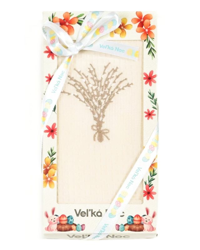 Utěrka KIARA VELIKONOCE 06 vaflová vyšívaná, dárkové balení, kočičky vrby na smetanové, 1 kus 50x70cm