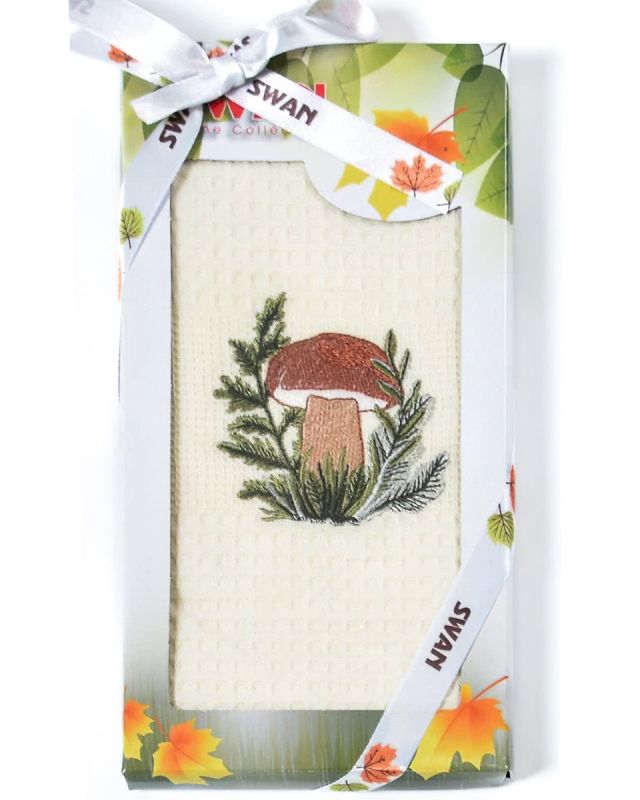 Utěrka SWAN 63 vaflová vyšívaná, dárkové balení, hříbek na smetanové, 1 kus 50x70cm