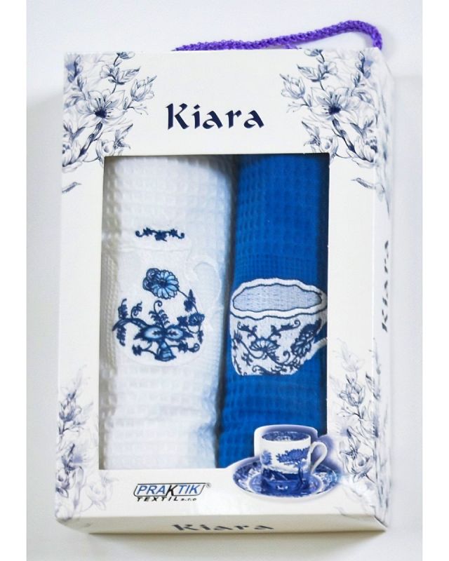 Utěrky KIARA 142 vaflové vyšívané, dárkové balení, hrníček a konvička, modro-bílá, 2 kusy 50x70cm