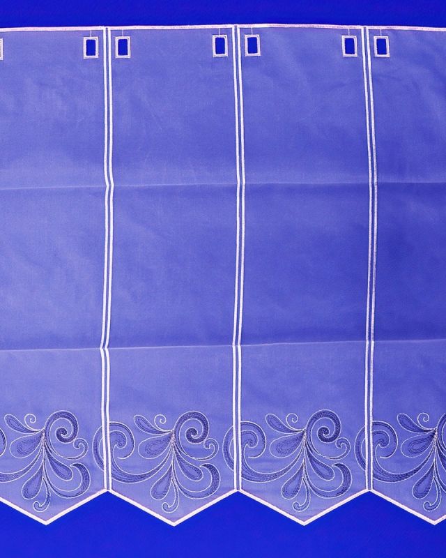 Voálová vitrážová záclona V409 vyšívaný černošedý ornament, s bordurou, bílá (více výšek, v metráži)