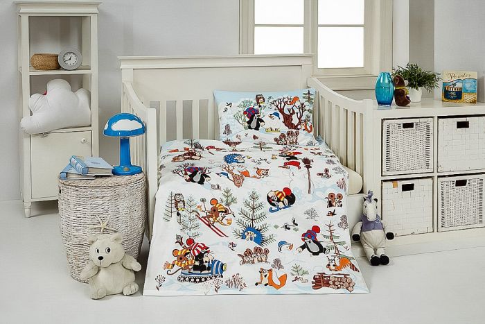 Dětské povlečení Matějovský do postýlky KRTEK A ZIMA (Krteček), bílé, bavlna hladká (více rozměrů)