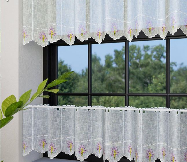 Vitrážová záclona polyesterový batist 56491, vyšívaná fialová levandule, bílá (více výšek, v metráži)