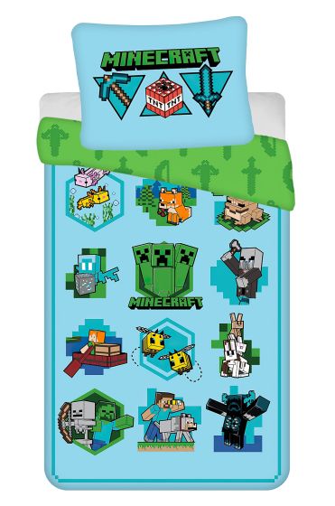 Dětské povlečení MINECRAFT LETS PLAY, modro-zelené, bavlna hladká, 140x200cm + 70x90cm 