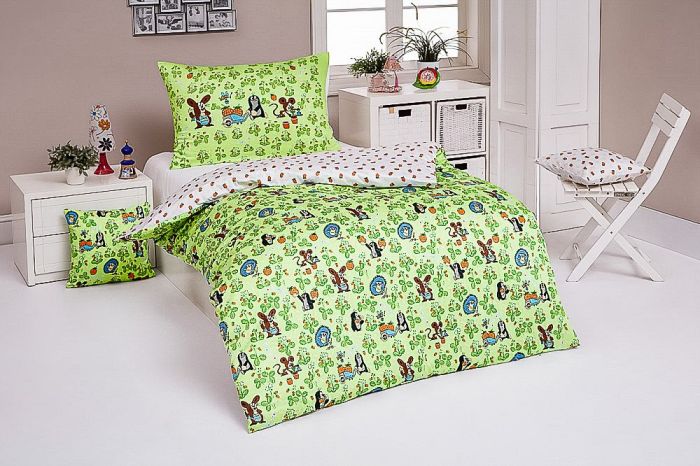 Dětské povlečení Matějovský KRTEK NA LOUCE (Krteček), zelené, bavlna hladká, 140x200cm + 70x90cm