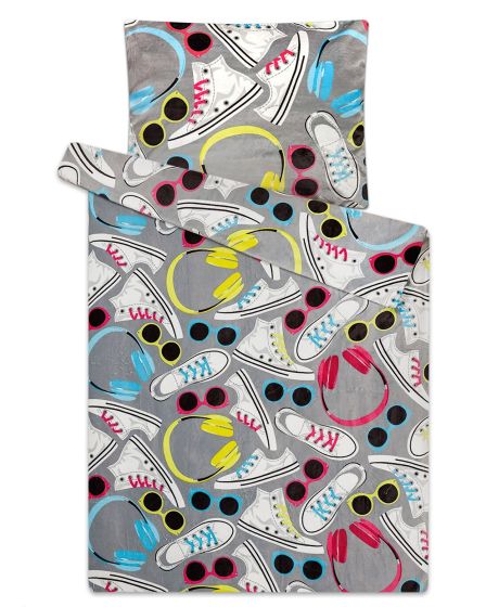 Povlečení KECKY mikroflanel, barevné boty na světle šedé, dětské, 140x200cm + 70x90cm