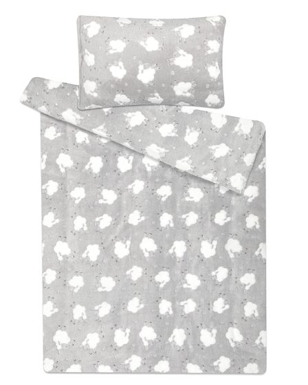 Povlečení OVEČKY SVĚTLE ŠEDÉ mikroflanel, bílé ovečky na světle šedé, dětské, 140x200cm + 70x90cm