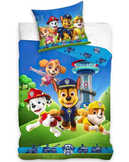 Povlečení dětské TLAPKOVÁ PATROLA BĚŽÍME DO AKCE, modré, mikroplyš, 140x200cm + 70x90cm