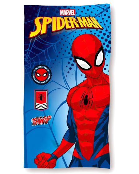 Dětská plážová osuška SPIDERMAN MARVEL THWIP, modra, froté, 70x140cm