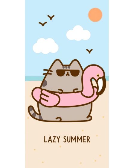 Dětská plážová osuška KOČIČKA PUSHEEN MŇAUMÓZNÍ DOVOLENÁ, modro-béžová, froté, 70x140cm