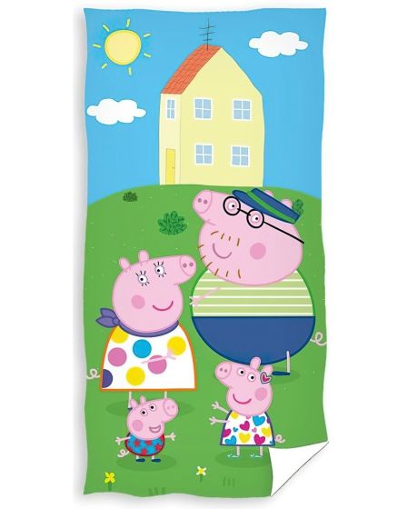 Dětská plážová osuška PRASÁTKO PEPINA (PEPPA) ZÁBAVA NA ZAHRADĚ, zeleno-modrá, froté, 70x140cm