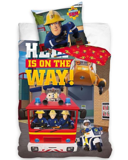 Dětské povlečení do postýlky POŽÁRNÍK SAM POMOC JE NA CESTĚ, červené, bavlna hladká, 100x135cm + 40x60cm
