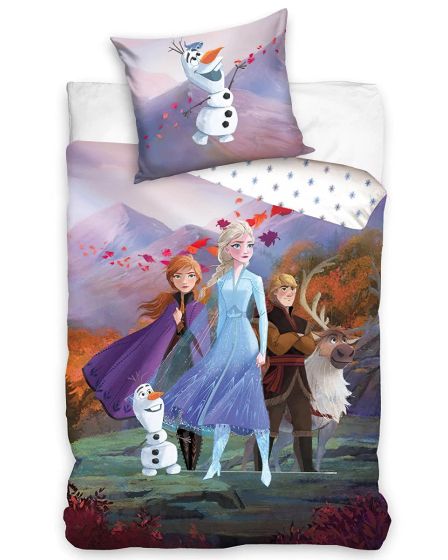 Dětské povlečení FROZEN LEDOVÉ KRÁLOVSTVÍ MAGIE LESNÍHO VÁNKU, fialové, bavlna hladká, 140x200cm + 70x90cm