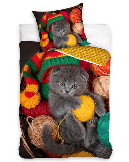 Dětské povlečení KOŤÁTKO V KOŠÍKU S KLUBÍČKY, fototisk, žluté, bavlna hladká, 140x200cm + 70x90cm 