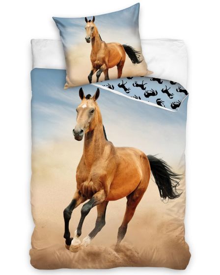 Dětské povlečení KŮŇ HNĚDÁK, fototisk, hnědo-modré, bavlna hladká, 140x200cm + 70x90cm