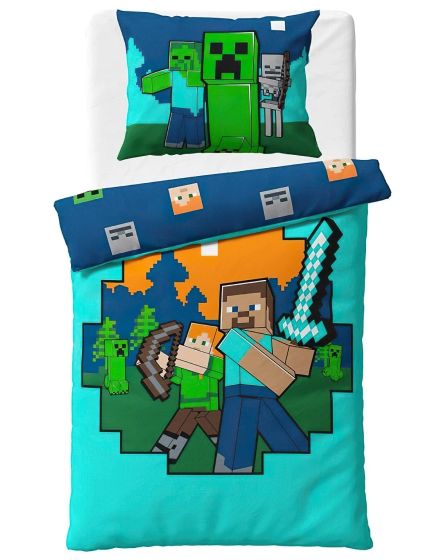 Dětské povlečení MINECRAFT ALEX A STEVE, modro-tyrkysové, bavlna hladká, 140x200cm + 70x90cm