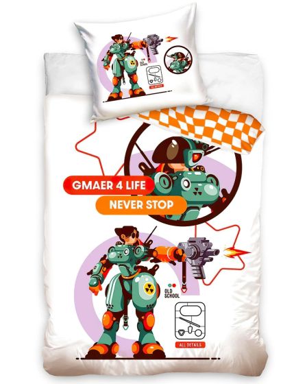 Dětské povlečení NEKONEČNÁ HRA, herní robot, bílé, bavlna hladká, 140x200cm + 70x90cm