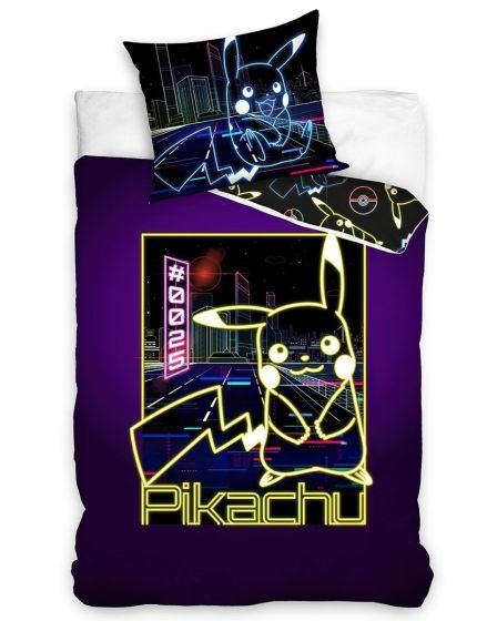 Dětské povlečení POKÉMON PIKACHU NEONOVÁ SHOW SVÍTÍCÍ EFEKT, tmavě fialové, bavlna hladká, 140x200cm + 70x90cm 