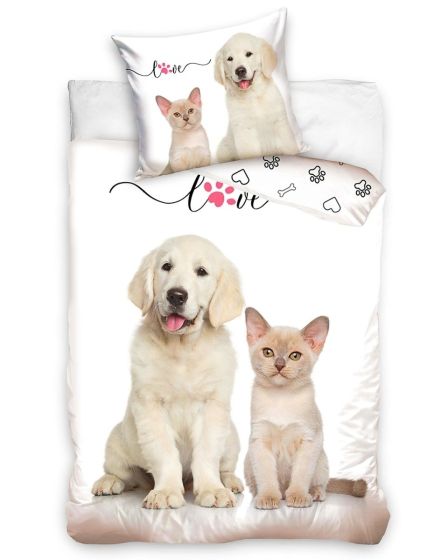 Dětské povlečení ŠTĚŇÁTKO A KOŤÁTKO, fototisk, bílé, bavlna hladká, 140x200cm + 70x90cm 