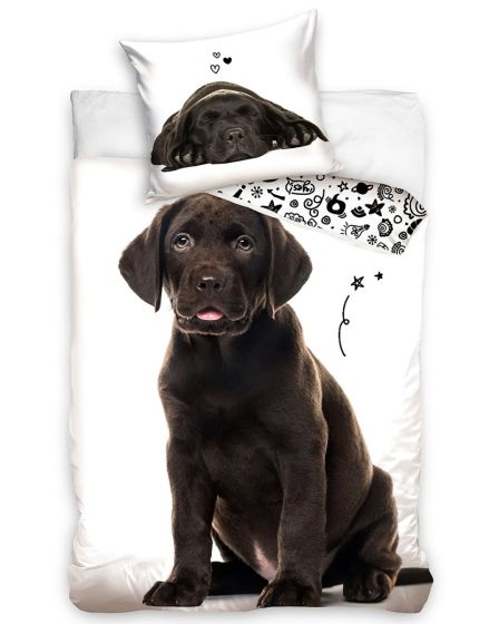 Dětské povlečení ŠTĚŇÁTKO HNĚDÝ LABRADOR, fototisk, bílé, bavlna hladká, 140x200cm + 70x90cm