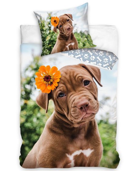 Dětské povlečení ŠTĚŇÁTKO S KVĚTINKOU, fototisk, zeleno-hnědé, bavlna hladká, 140x200cm + 70x90cm 