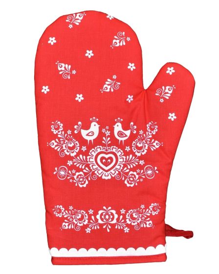 Kuchyňská chňapka FOLK, podklad červený, 28x18cm