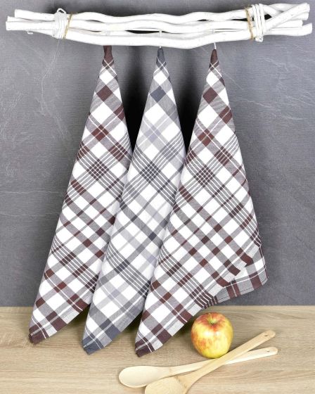 Kuchyňské utěrky EGYPTSKÁ BAVLNA BELLA BROWN MIX, hnědé a šedé káro, 3 kusy, 50x70cm