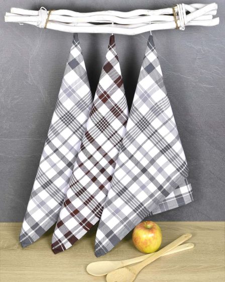 Kuchyňské utěrky EGYPTSKÁ BAVLNA BELLA GREY MIX, šedé a hnědé a  káro, 3 kusy, 50x70cm