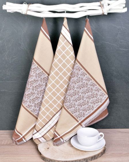 Kuchyňské utěrky EGYPTSKÁ BAVLNA DORO BEIGE MIX, béžové ornamenty v proužku a kostka, 3 kusy, 50x70cm