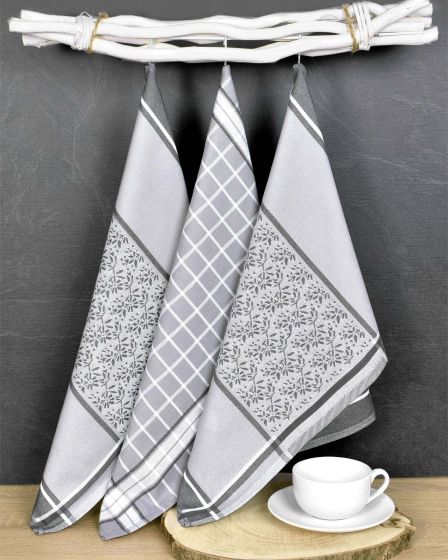 Kuchyňské utěrky EGYPTSKÁ BAVLNA DORO GREY MIX, šedé ornamenty v proužku a kostka, 3 kusy, 50x70cm