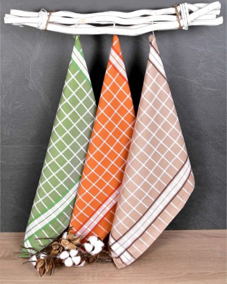 Kuchyňské utěrky EGYPTSKÁ BAVLNA PERLA MIX, oranžová, zelená a béžová kostka, 3 kusy, 50x70cm