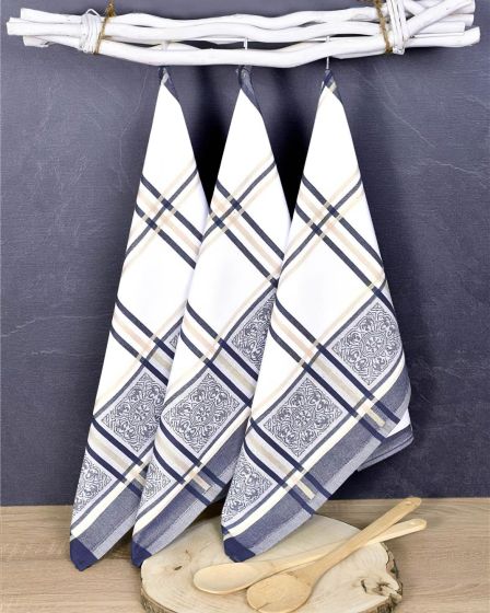 Kuchyňské utěrky EGYPTSKÁ BAVLNA SOLE BLUE, modro-bílé káro s ornamenty, 3 kusy, 50x70cm