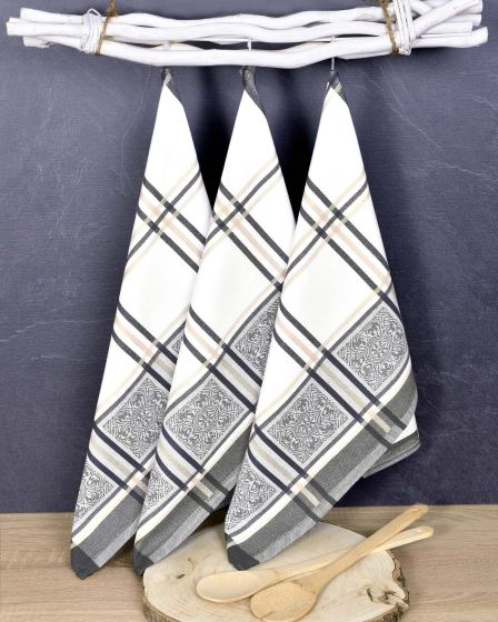 Kuchyňské utěrky EGYPTSKÁ BAVLNA SOLE GREY, šedo-bílé káro s ornamenty, 3 kusy, 50x70cm