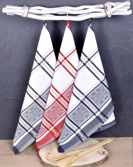 Kuchyňské utěrky EGYPTSKÁ BAVLNA SOLE MIX, šedo, modro-červeno-bílé káro s ornamenty, 3 kusy, 50x70cm