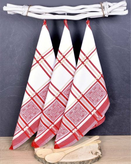 Kuchyňské utěrky EGYPTSKÁ BAVLNA SOLE RED, červeno-bílé káro s ornamenty, 3 kusy, 50x70cm